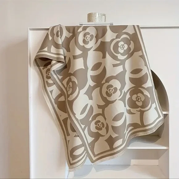 Elegant Camellia Black & White Scarf - Boho Chic, Large Square Shawl for Women - Picture 2 of 3